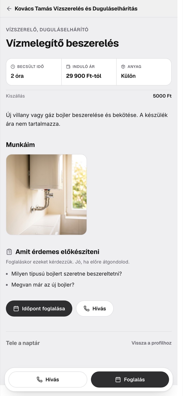 A Telenapt&aacute;r service page: price, duration and the questions asked at booking.